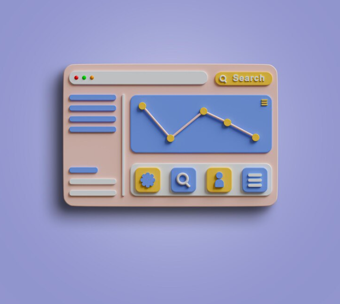 search engine interface with buttons for search, user profile, and a graph showing SEO metrics